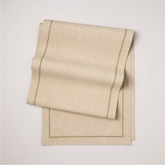 Hearth & Hand Other - Embroidered Border Standard Table Runner Natural/Green - Hearth & Hand Magnolia